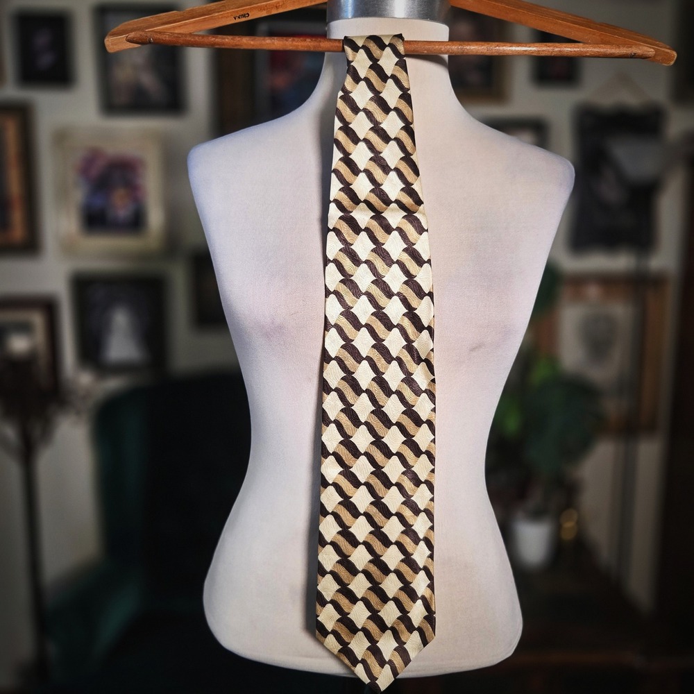 Structure Silk Tie Vintage 90s Brown Gold Geometric Wavy Pattern Mens Necktie